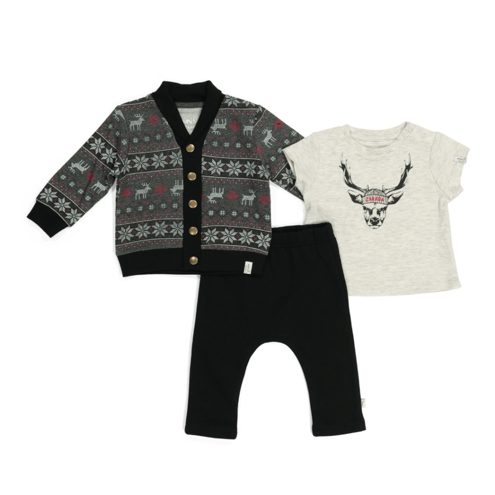 Mini Heroes Baby 3pc Canada Buck Pant, Shirt & Fairisle Cardigan Winter Set 6M